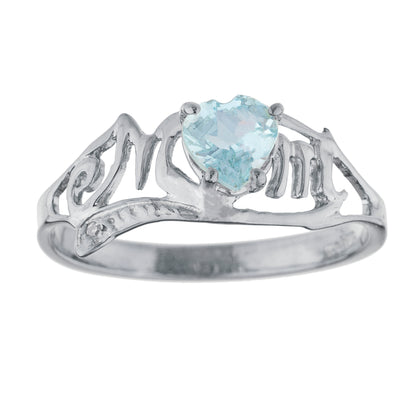 14Kt Gold Genuine Aquamarine & Diamond Heart Mom Ring