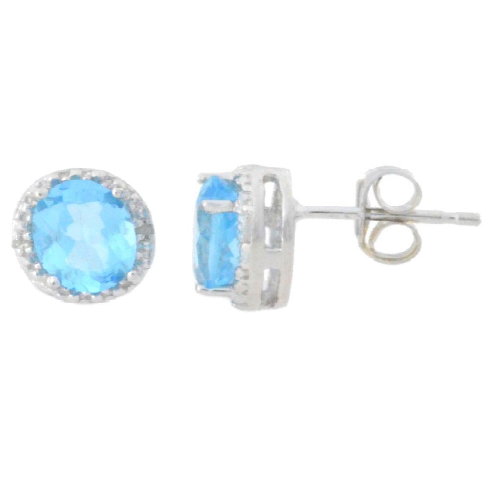 2 Ct Blue Topaz & Diamond Round Stud Earrings 14Kt White Gold