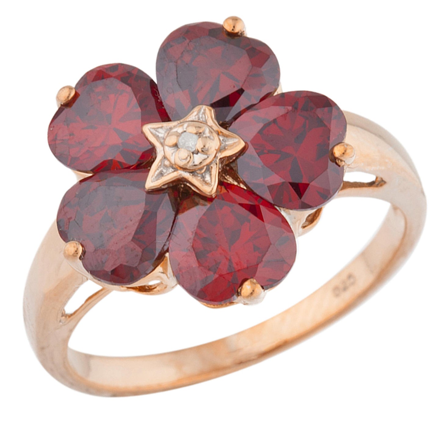 14Kt Gold Garnet & Diamond Heart Flower Design Ring