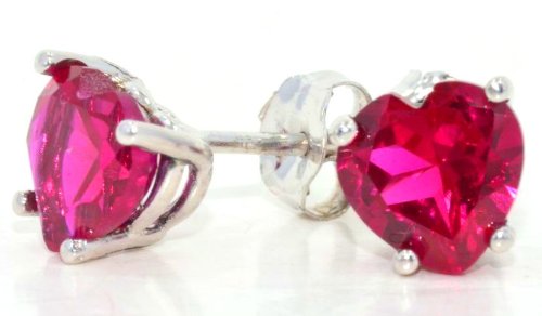 2 Carat Created Ruby Heart Stud Earrings .925 Sterling Silver