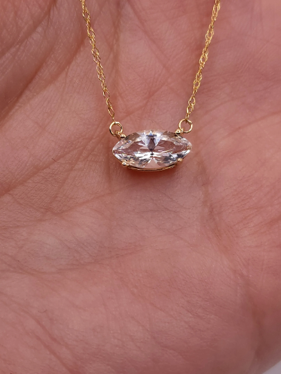 14Kt Gold White Sapphire Marquise Pendant Necklace