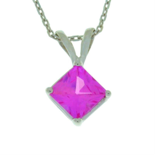 14Kt Gold Pink Sapphire Princess Cut Pendant Necklace