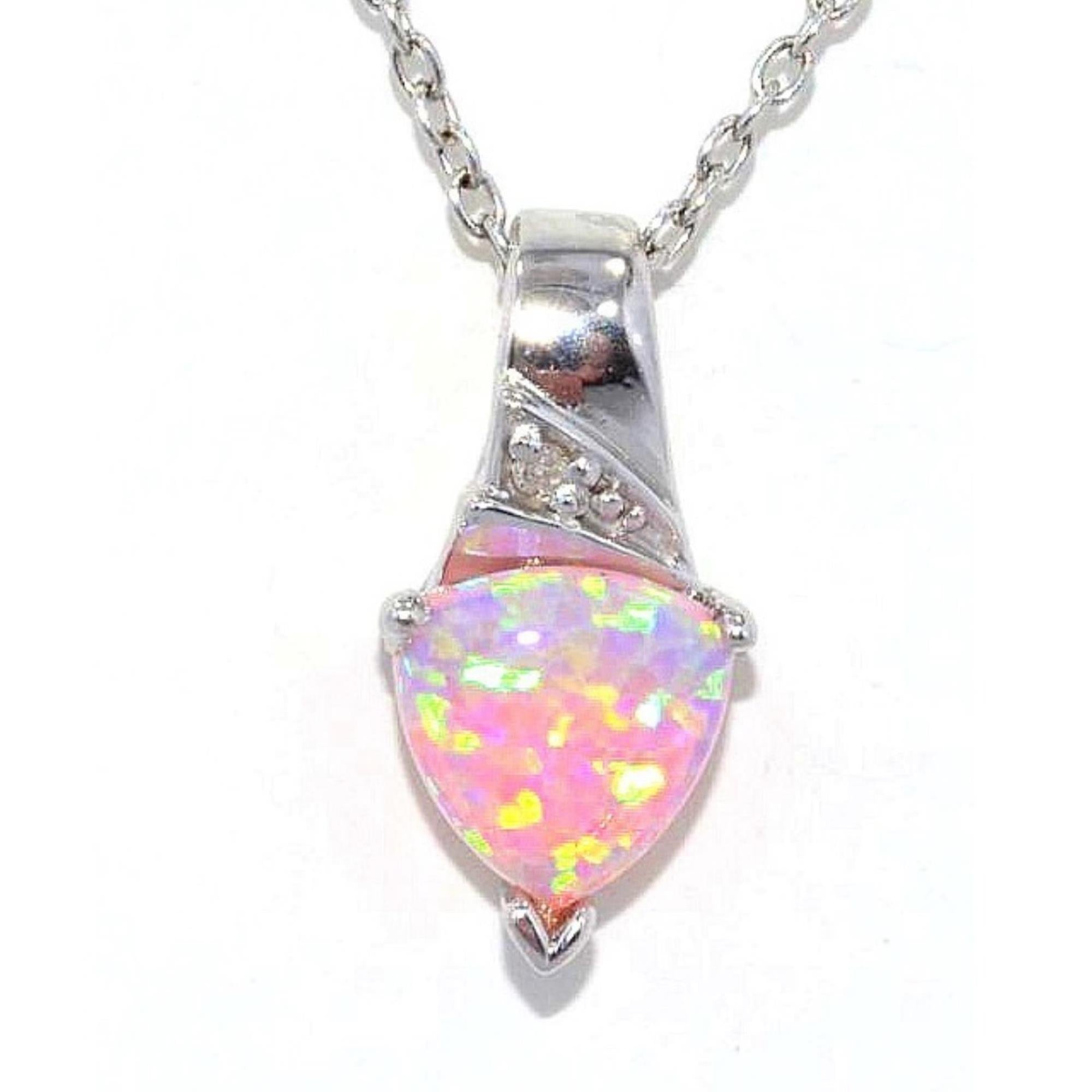 14Kt Gold Pink Opal & Diamond Trillion Pendant Necklace