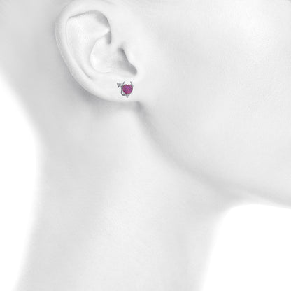 Created Ruby & Diamond Devil Heart Stud Earrings .925 Sterling Silver