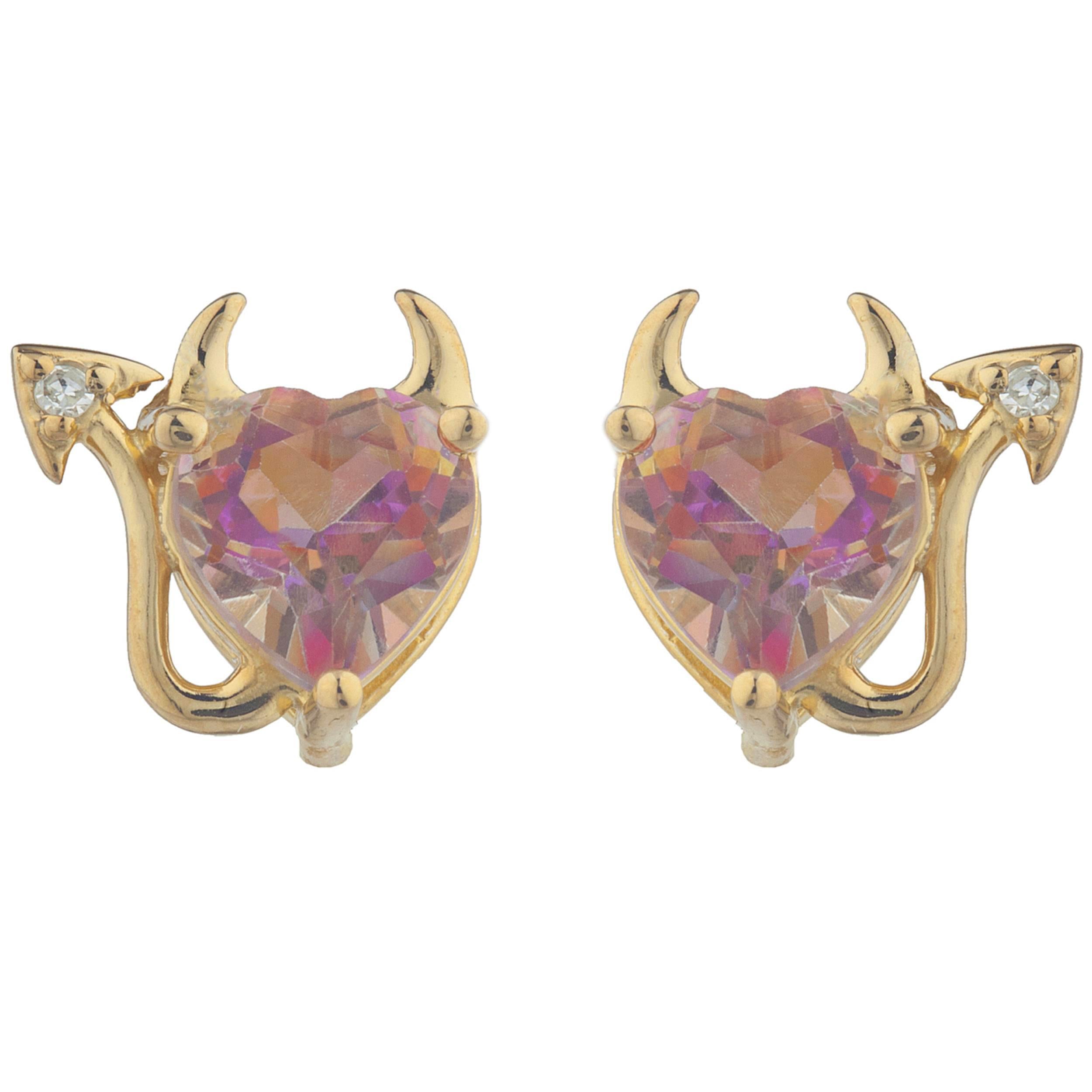 14Kt Gold Natural Ecstasy Mystic Topaz & Diamond Devil Heart Stud Earrings