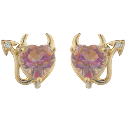 14Kt Gold Natural Ecstasy Mystic Topaz & Diamond Devil Heart Stud Earrings