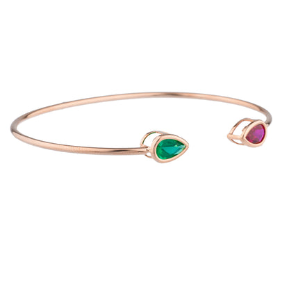 Created Ruby & Emerald Pear Bezel Bangle Bracelet 14Kt Rose Gold Plated Over .925 Sterling Silver