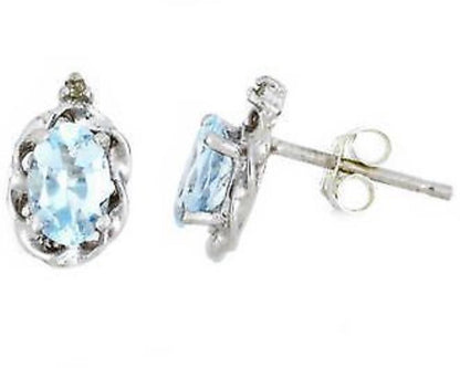 1 Ct Genuine Aquamarine & Diamond Oval Stud Earrings .925 Sterling Silver