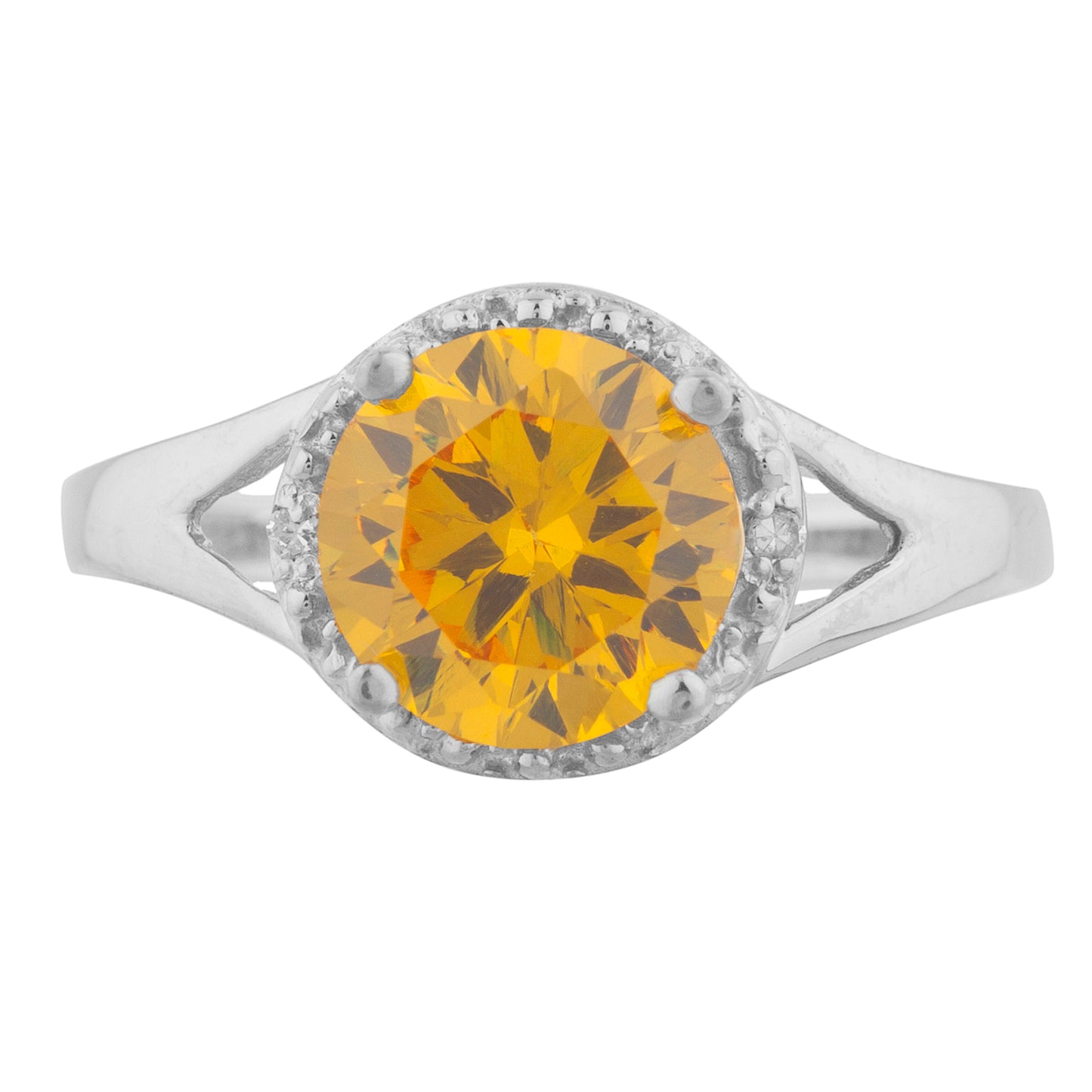 14Kt Gold 2 Ct Yellow Citrine & Diamond Halo Design Round Ring