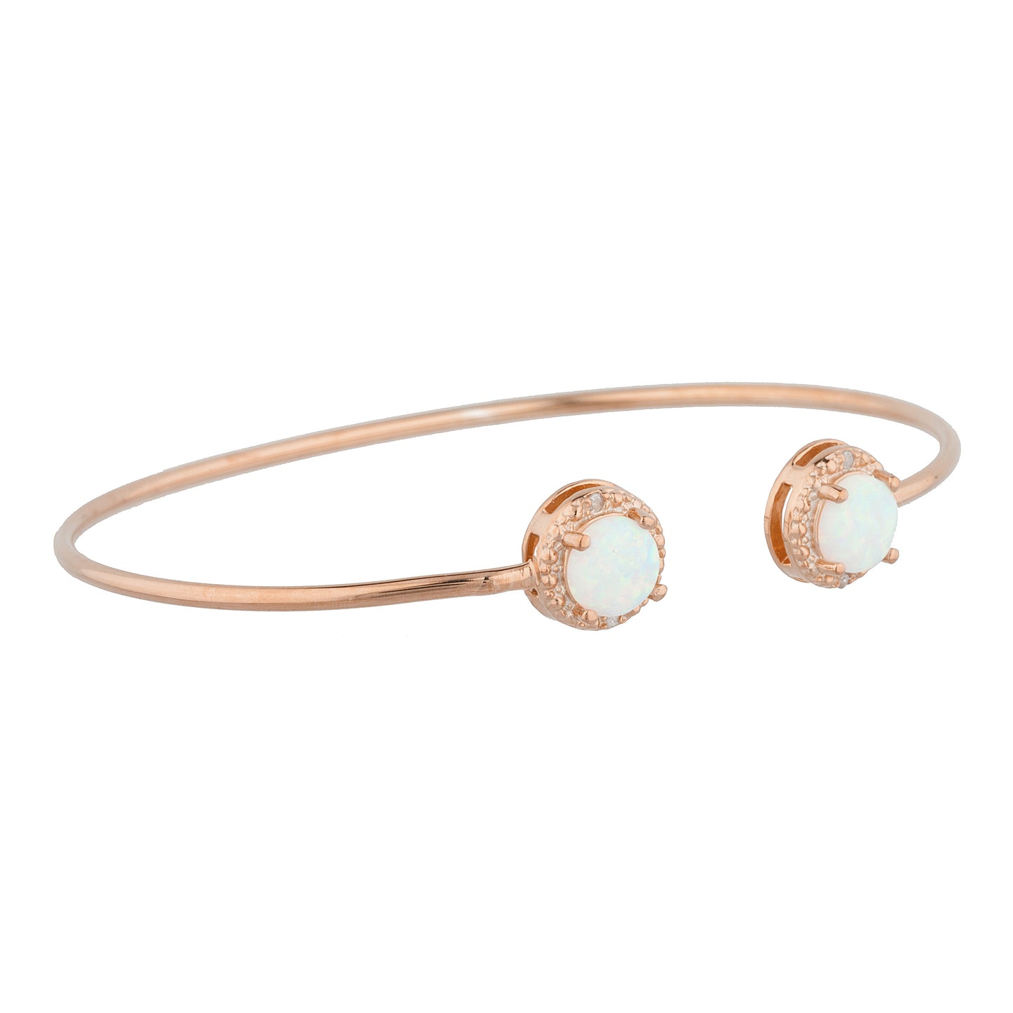 14Kt Gold Genuine Opal & Diamond Round Bangle Bracelet