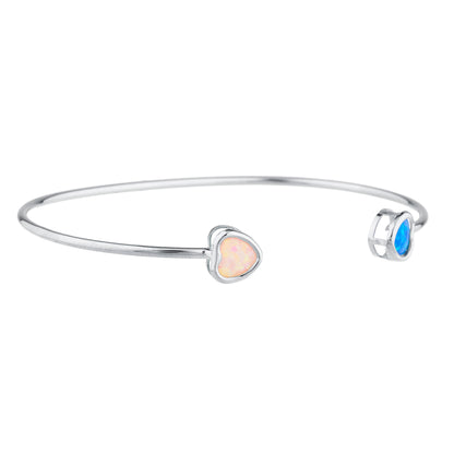 14Kt Gold Blue & Pink Opal Heart Bezel Bangle Bracelet