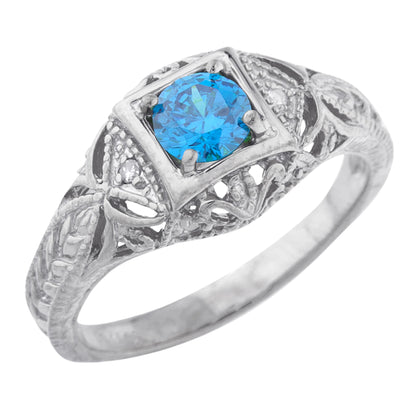 14Kt Gold Swiss Blue Topaz & Diamond Design Round Ring