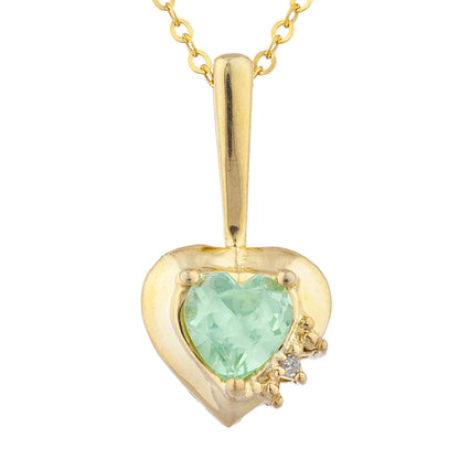 14Kt Gold Green Sapphire & Diamond Heart Design Pendant Necklace