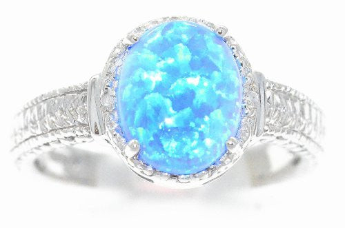 10x8mm Blue Opal & Diamond Oval Ring .925 Sterling Silver Rhodium Finish