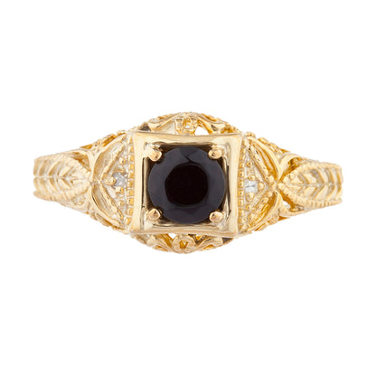 14Kt Gold Genuine Black Onyx & Diamond Design Round Ring