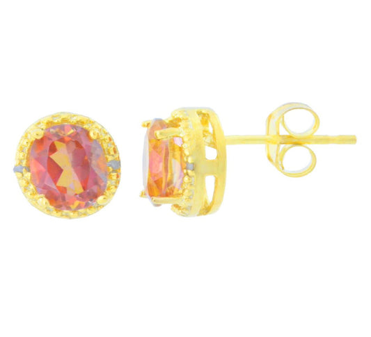 2 Ct Genuine Ecstasy Mystic Topaz & Diamond Round Stud Earrings 14Kt Yellow Gold Plated