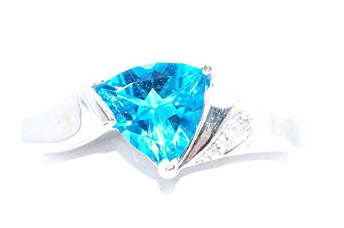 1.5 Ct Swiss Blue Topaz & Diamond Trillion Ring .925 Sterling Silver Rhodium Finish