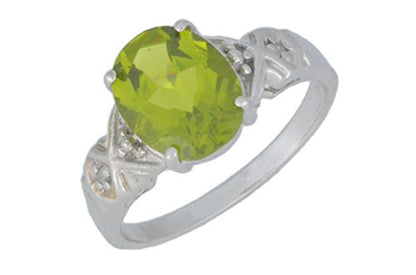 3 Ct Peridot & Diamond Oval Ring .925 Sterling Silver Rhodium Finish