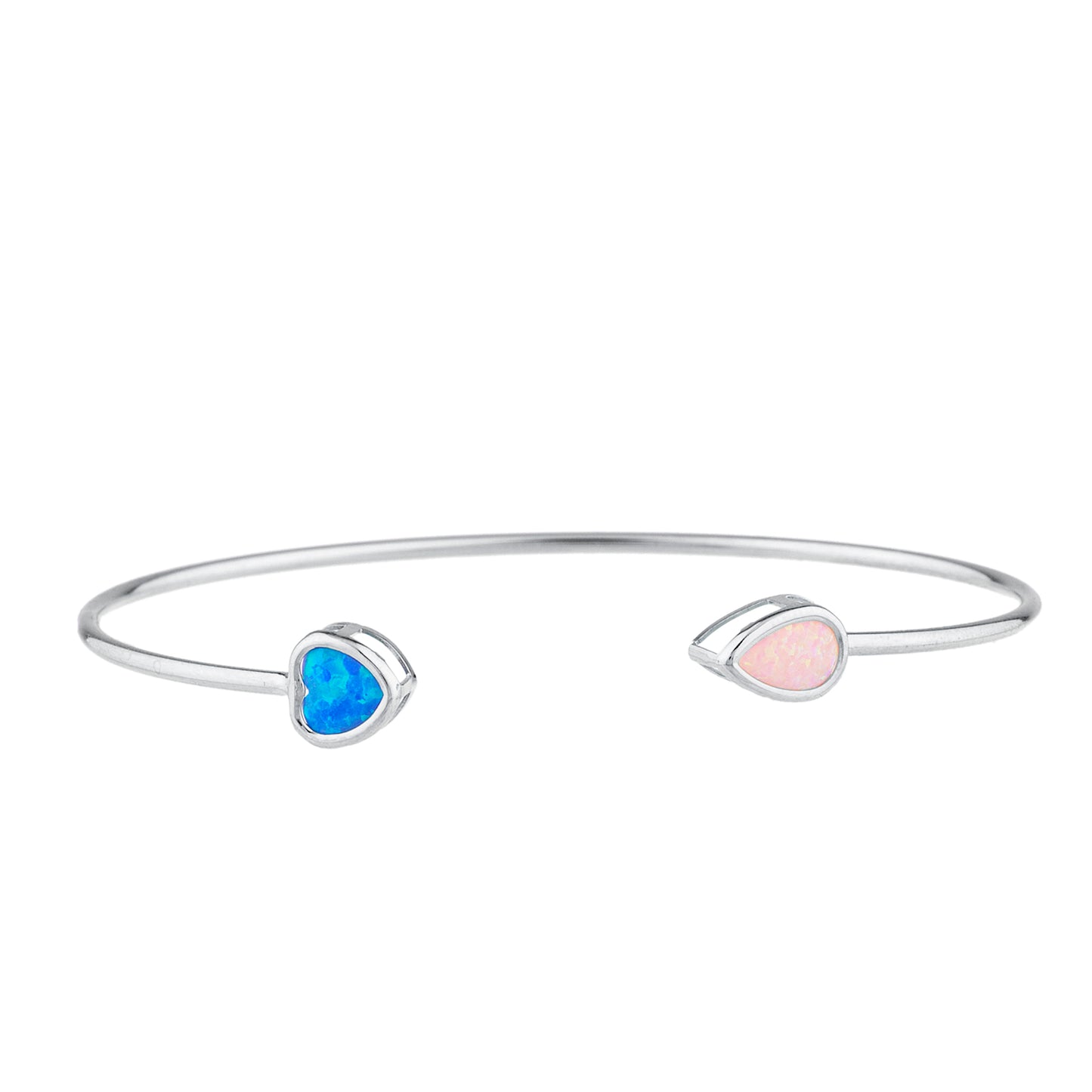 Blue Opal Heart & Pink Opal Pear Bezel Bangle Bracelet .925 Sterling Silver Rhodium Finish