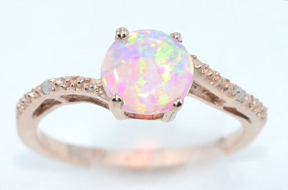 14Kt Yellow Gold Pink Opal & Diamond Round Ring