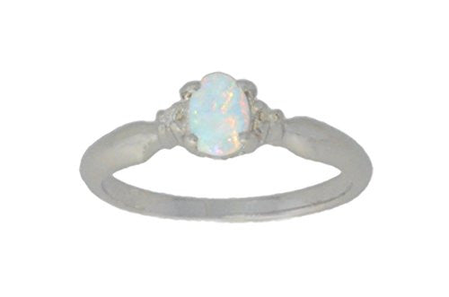 6x4mm Opal & Diamond Oval Ring .925 Sterling Silver Rhodium Finish