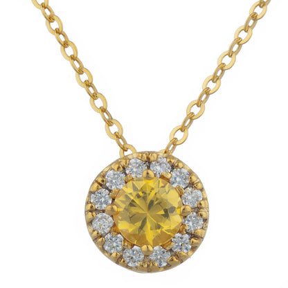 14Kt Gold 0.50 Ct Yellow Citrine Halo Design Pendant Necklace