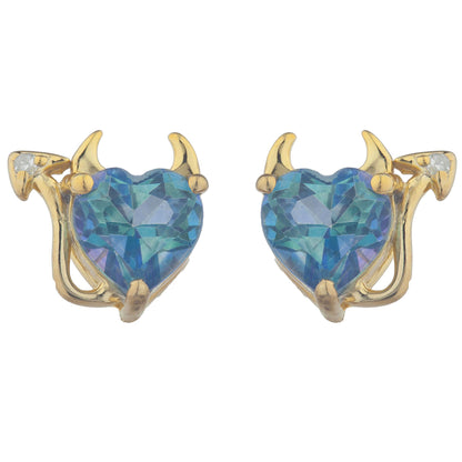 Natural Blue Mystic Topaz & Diamond Devil Heart Stud Earrings 14Kt Yellow Gold Plated