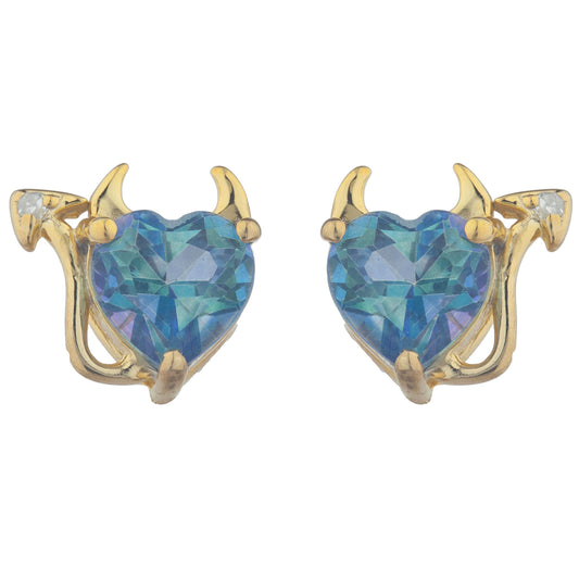 Natural Blue Mystic Topaz & Diamond Devil Heart Stud Earrings 14Kt Yellow Gold Plated