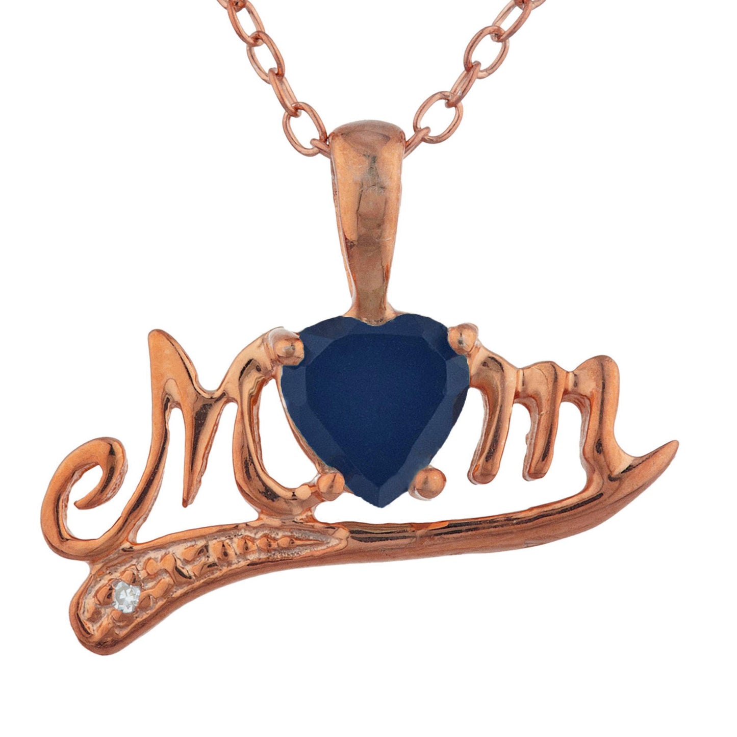 14Kt Rose Gold Plated Genuine Black Onyx & Diamond Heart Mom Pendant