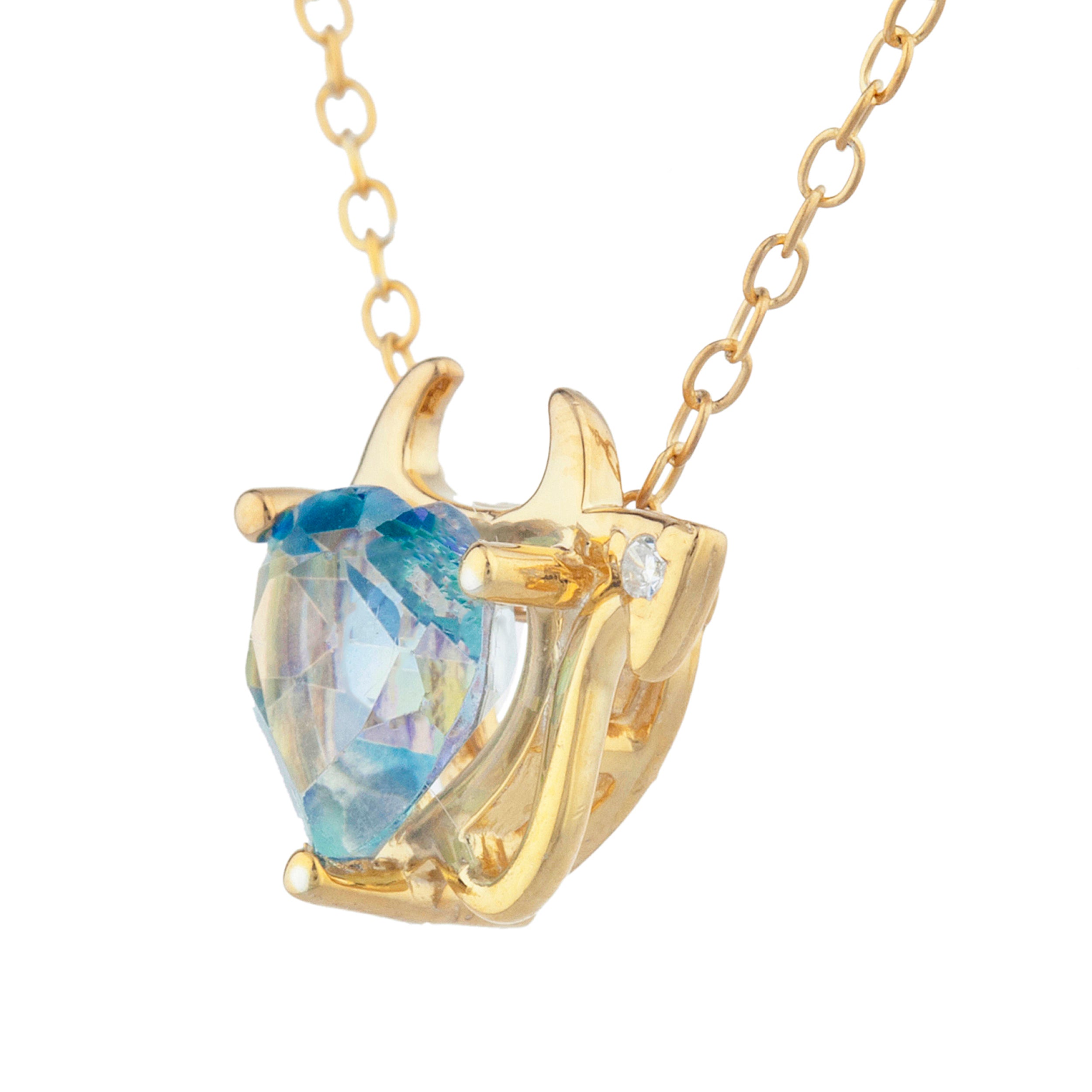 14Kt Gold 1.5 Ct Natural Blue Mystic Topaz & Diamond Devil Heart Pendant Necklace