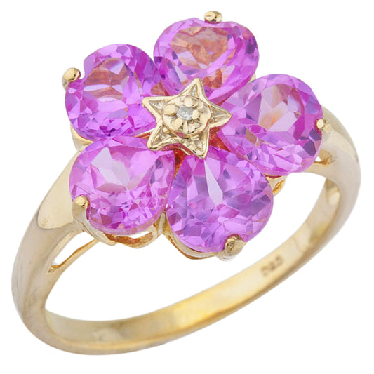 14Kt Gold Pink Sapphire & Diamond Heart Flower Design Ring