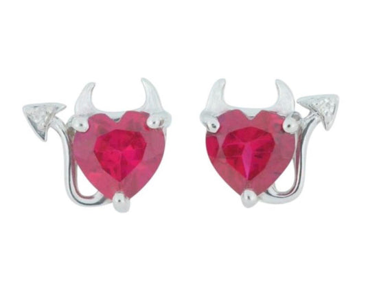 Created Ruby & Diamond Devil Heart Stud Earrings .925 Sterling Silver