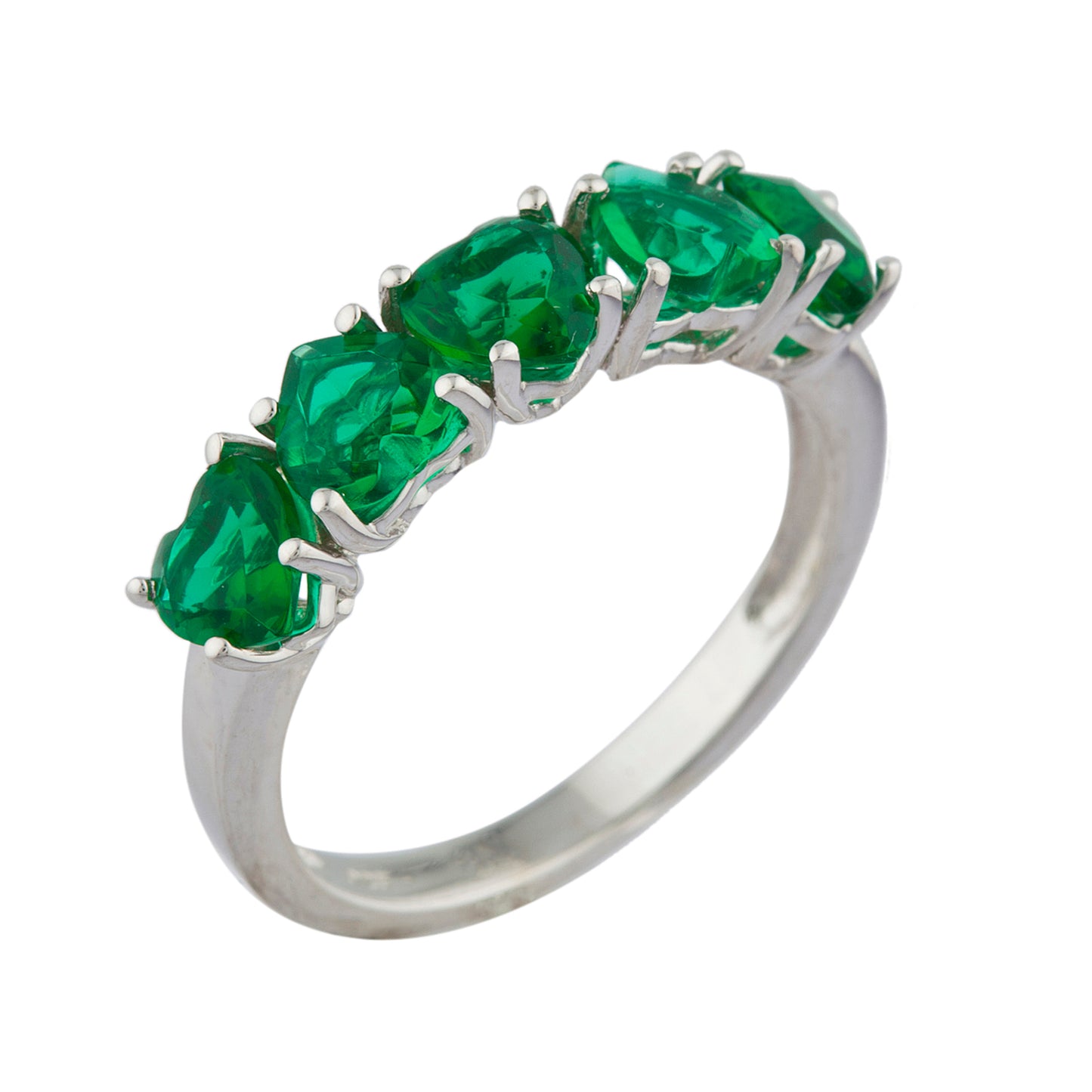 5 Hearts Emerald Heart Ring .925 Sterling Silver Rhodium Finish