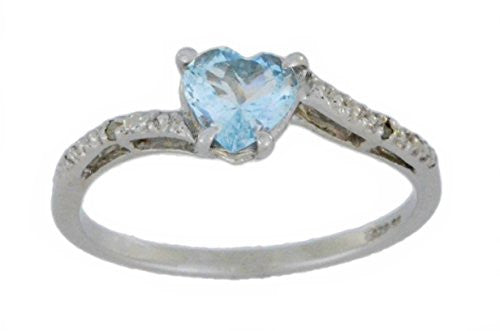 1 Ct Genuine Aquamarine & Diamond Heart Ring .925 Sterling Silver Rhodium Finish