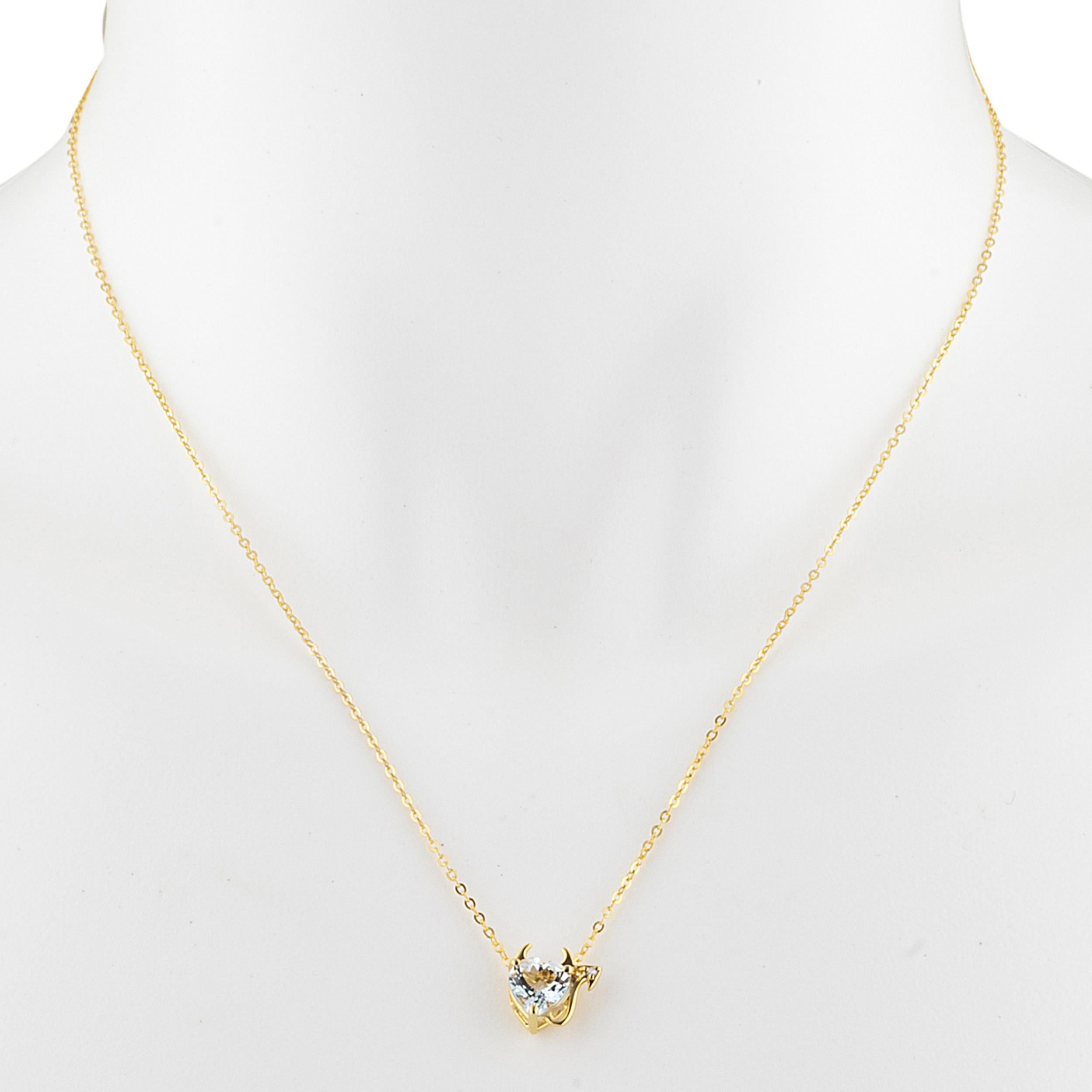 14Kt Gold 1.5 Ct Aquamarine & Diamond Devil Heart Pendant Necklace