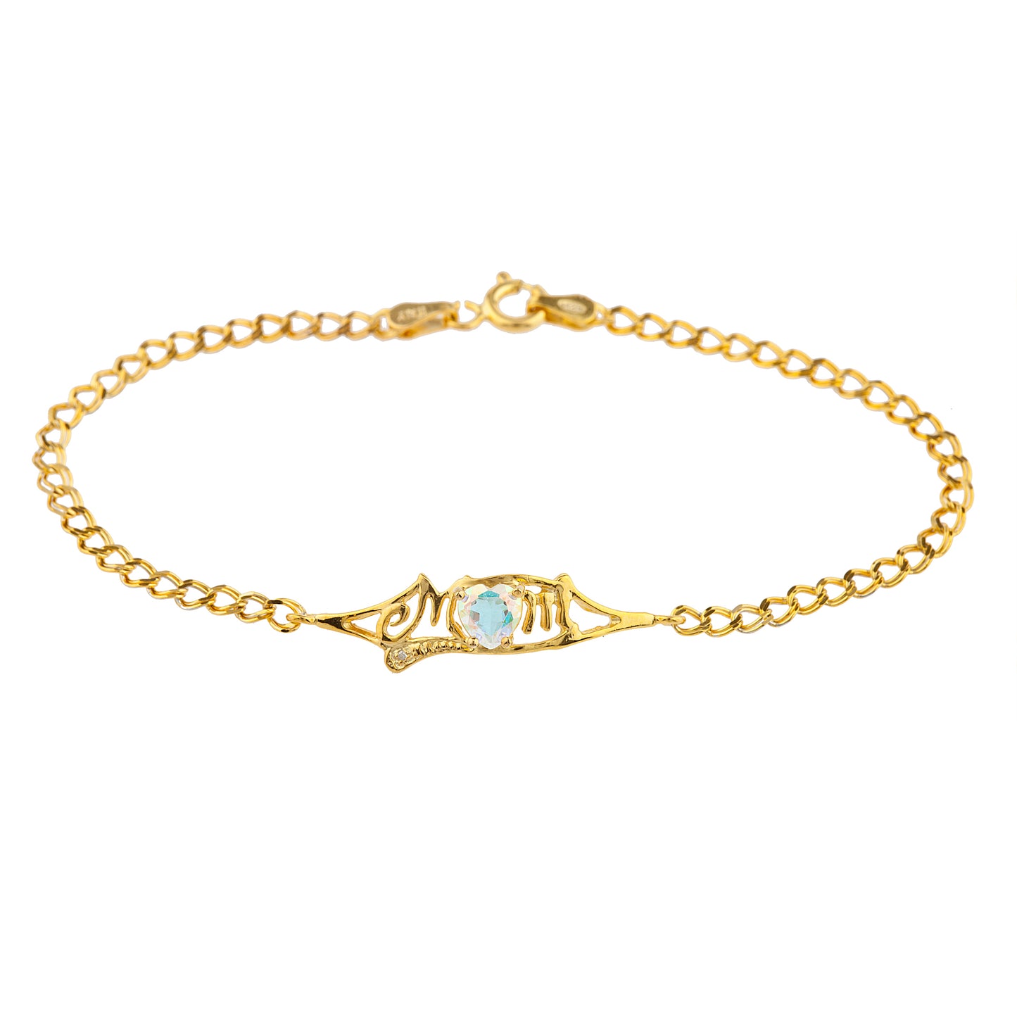 Natural Mercury Mist Mystic Topaz & Diamond Heart Mom Bracelet 14Kt Yellow Gold Plated Over .925 Sterling Silver