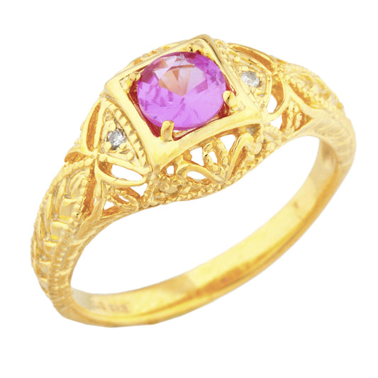 14Kt Gold Pink Sapphire & Diamond Design Round Ring