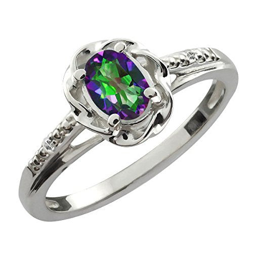 0.50 Ct Mystic Topaz & Diamond Oval Ring .925 Sterling Silver Rhodium Finish