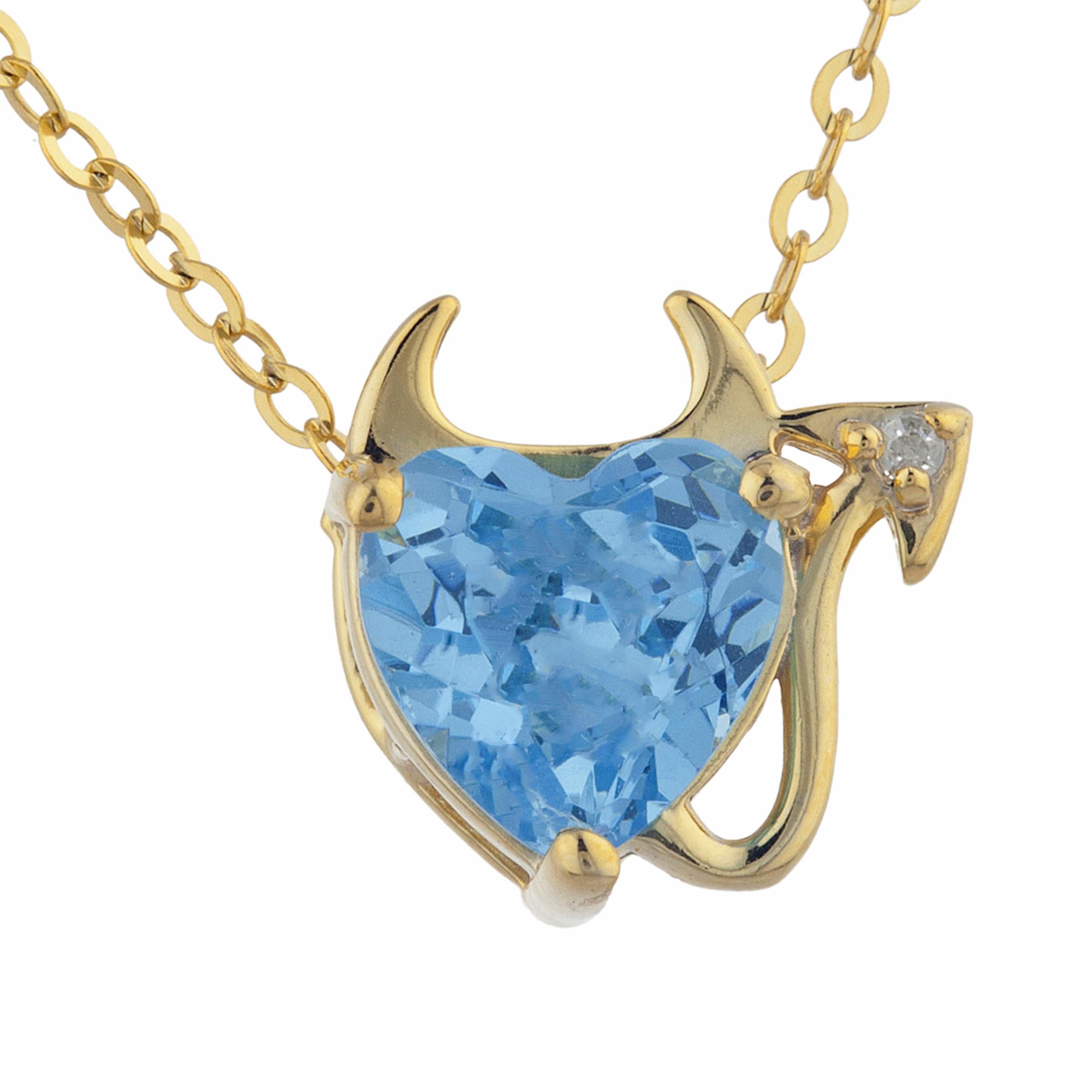 14Kt Gold 1.5 Ct Blue Topaz & Diamond Devil Heart Pendant Necklace