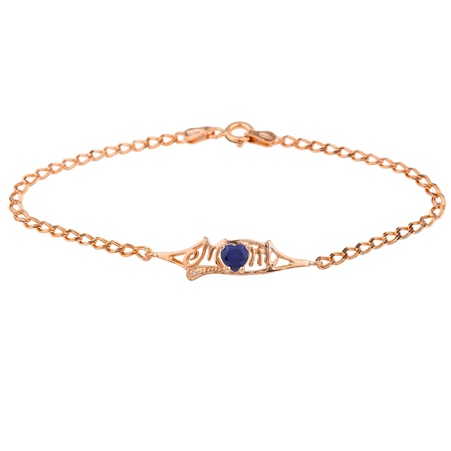 Blue Sapphire & Diamond Heart Mom Bracelet 14Kt Rose Gold Plated Over .925 Sterling Silver