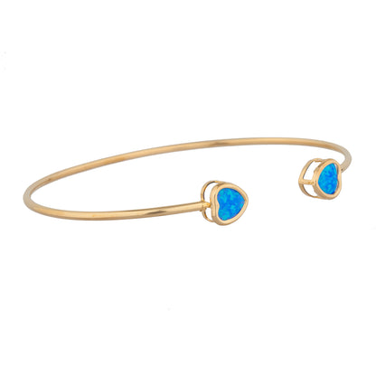 14Kt Yellow Gold Plated Blue Opal Heart Bezel Bangle Bracelet