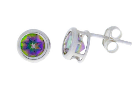 14Kt White Gold Mystic Topaz Bezel Round Stud Earrings