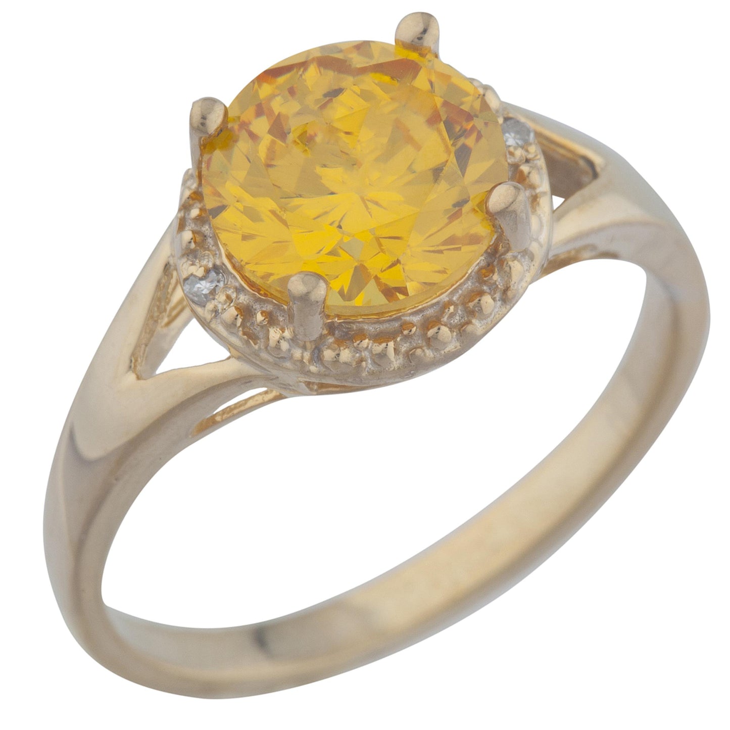 14Kt Gold 2 Ct Yellow Citrine & Diamond Halo Design Round Ring