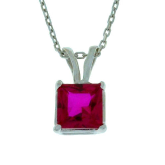 14Kt Gold Created Ruby Princess Cut Pendant Necklace