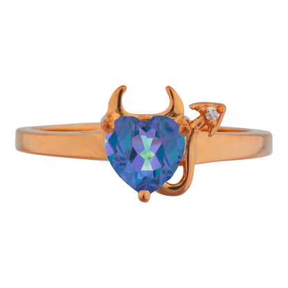 Natural Blue Mystic Topaz & Diamond Devil Heart Ring 14Kt Yellow Gold Rose Gold Silver