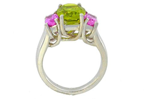 4 Ct Peridot & Pink Sapphire Oval Ring .925 Sterling Silver Rhodium Finish