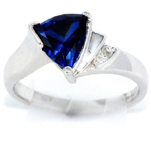 1.5 Ct Created Blue Sapphire & Diamond Trillion Ring .925 Sterling Silver Rhodium Finish