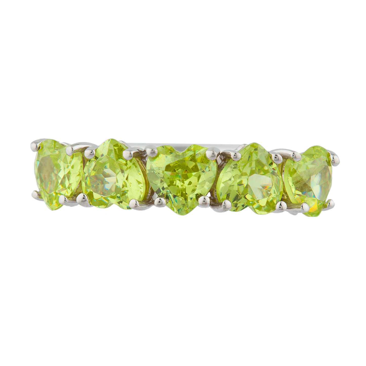 5 Hearts Peridot Heart Ring .925 Sterling Silver Rhodium Finish