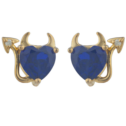 14Kt Gold Blue Sapphire & Diamond Devil Heart Stud Earrings