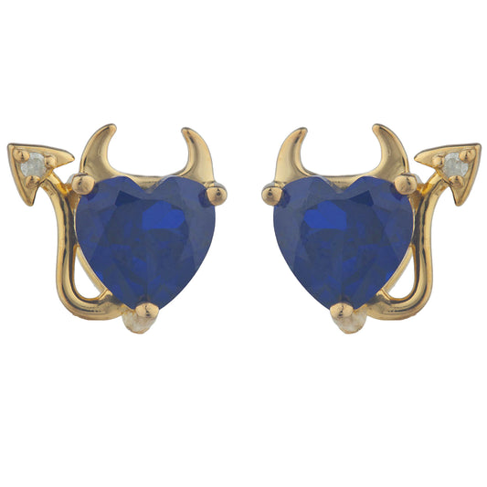 14Kt Gold Blue Sapphire & Diamond Devil Heart Stud Earrings